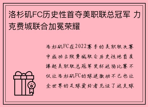 洛杉矶FC历史性首夺美职联总冠军 力克费城联合加冕荣耀 洛杉矶FC历史性首夺美职联总冠军 力克费城联合加冕荣耀